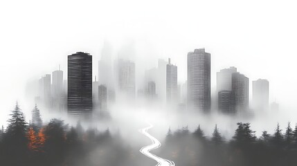 Fototapeta premium Cityscape shrouded in fog with winding path