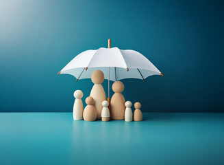 Wooden family figures stand protected under a white umbrella against a teal backdrop, symbolizing family safety and security.