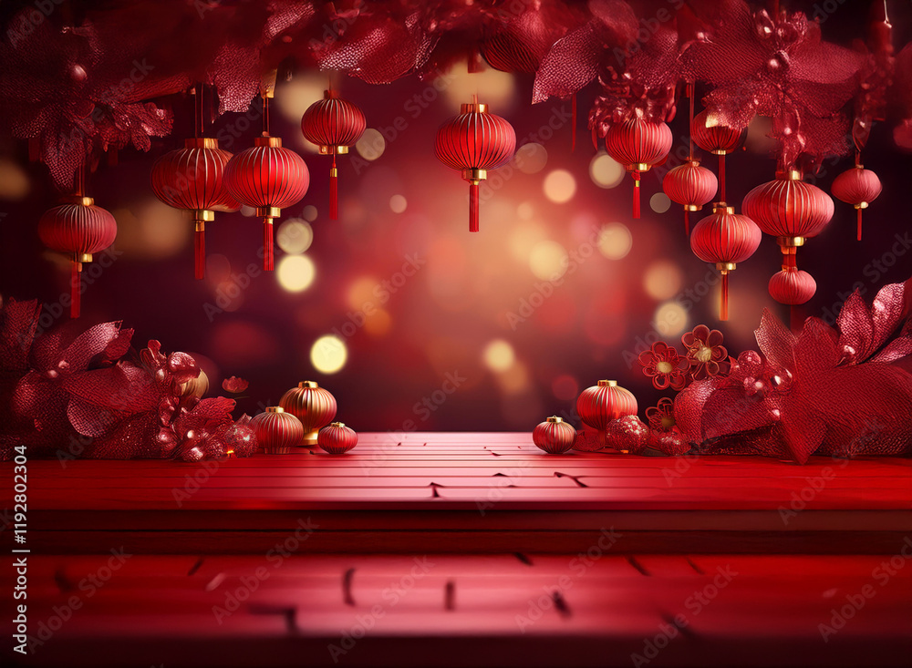 Poster red lanterns and floral decorations hang above a rich red wooden table against a bokeh background. p