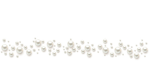 Pearls. Beads. Jewelry. Beautiful vector background. Border. Scattered pearls on a white background.
