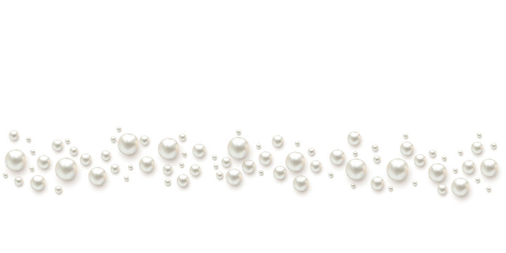 Pearls. Beads. Jewelry. Beautiful vector background. Border. Scattered pearls on a white background.