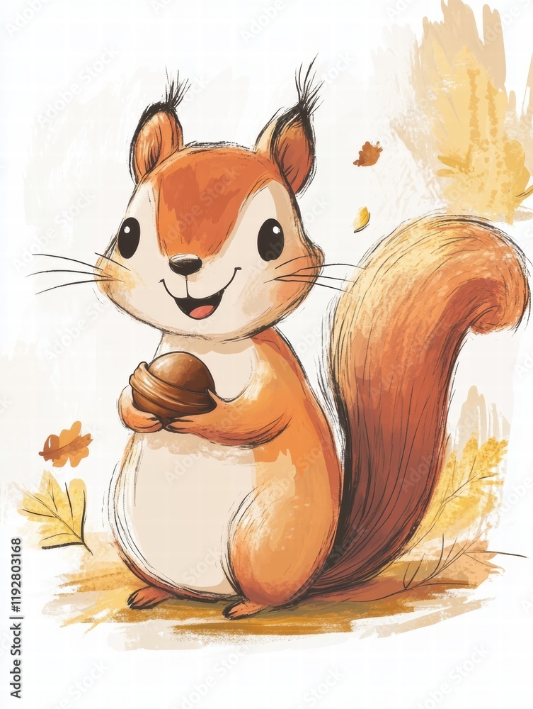 Poster cute squirrel holding an acorn in a vibrant autumn forest setting with falling leaves and warm color