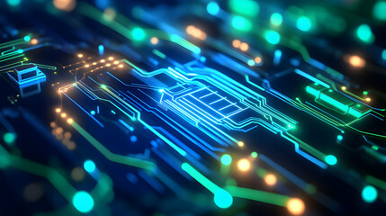 A high-tech abstract image with intricate circuit patterns glowing in neon green and blue, creating a futuristic and technological visual effect 