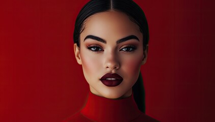 A captivating beauty portrait of an elegant woman with sleek hair and striking makeup, wearing bold burgundy lipstick against a vibrant red background