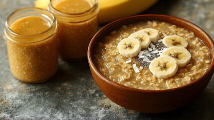 Creamy Oatmeal with Banana Peanut Butter Topping and Chia Seeds