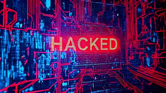 A digital representation of a computer system with the word "HACKED" illuminated in red.