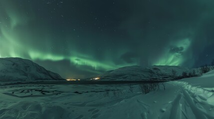 Naklejka premium A stunning view of the Northern Lights (aurora borealis) over a snowy landscape.