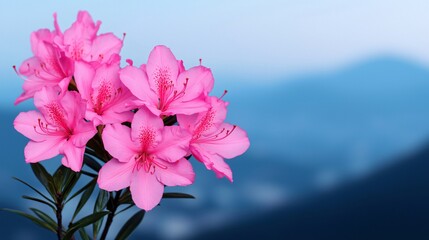 Close-up of vibrant pink azaleas against a blurred mountain backdrop.