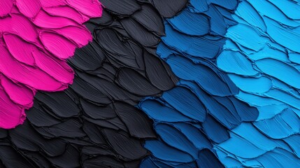 Obraz premium Black background wallpaper gradient and sophisticated, A vibrant close-up of textured scales featuring shades of pink, black, and blue, showcasing intricate patterns and colors.