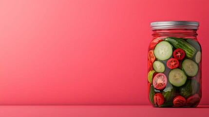Pickle de gallo. A jar filled with colorful pickled vegetables, including cucumbers and tomatoes, set against a vibrant pink background.