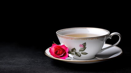 Fototapeta premium Elegant porcelain teacup with rose design on saucer, single red beside cup