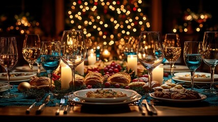 Festive Christmas dinner table setting with food, drinks, and candles.
