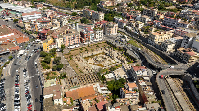 Aerial view the Macellum of Pozzuoli, near Naples, Italy. It was market building of the Roman colony of Puteoli. It was mistakenly known as the Temple of Serapis.