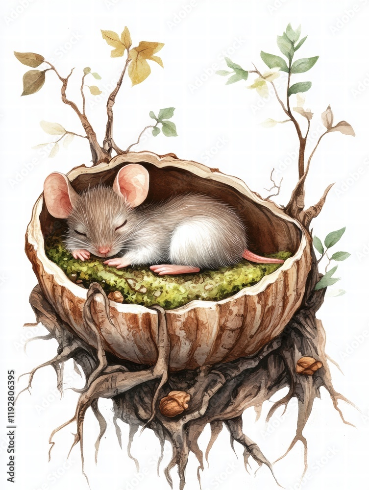 Poster Cute mouse resting peacefully in a cozy nest made of natural materials during a spring day in a forest setting. Generative AI