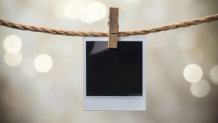 blank black polaroid hanging on wooden clothespin on rope. blurred bokeh in the background. mix and match photo template.