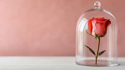 Single red rose under glass dome on pale pink background