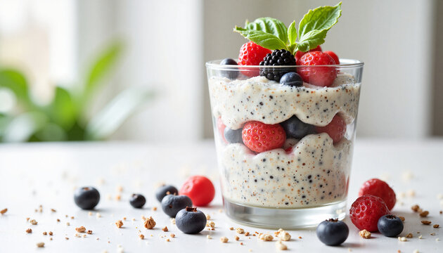 Healthy chia seed pudding layered with fresh berries, minimalistic decor