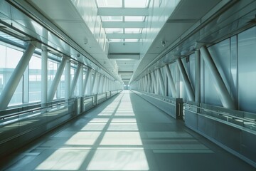 Fototapeta premium Empty modern glass and steel skyway with sunlight creating strong shadows on the floor