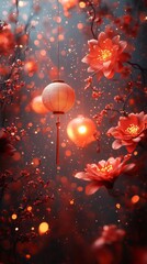 Chinese new year lanterns, Chinese red lanterns, festive atmosphere, hanging decorations, glowing lights, cherry blossoms, golden background, traditional celebration