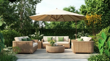 Serene Garden Oasis: Luxury Patio Furniture Under a Parasol