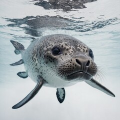 A sleek leopard seal swimming on a white background.A beautiful rainbow trout on a white background.

