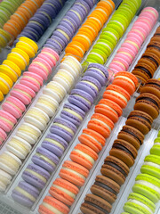 Naklejka premium Rows of macarons of different colors. Sweet and colourful french macaroons. 