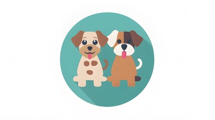 Fototapeta premium Cute Minimalistic Vector Illustration of Two Happy Dogs Sitting Together with Teal Background. Simple Shapes and Lines for Pet Icon Design.
