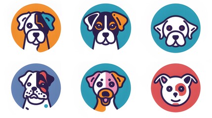 Fototapeta premium Colorful Vector Icons Set Featuring Various Dog Breeds and Unique Creatures in Circular Design. Bold and Flat Style for App Interface Use.