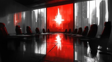 Modern Office Meeting Room Red Cityscape View dark black white table  