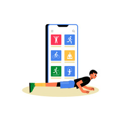 Man Doing Push Ups With Fitness App On Smartphone In Flat Vector Illustration Symbolizing Exercise, Workout Plans, And Health Tracking, Isolated On White Background.