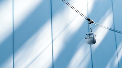 Cable car suspended on wire against modern, blue building background