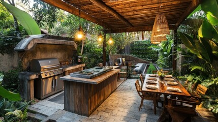 Fototapeta premium Outdoor Kitchen and Dining Oasis: A Tropical Backyard Paradise