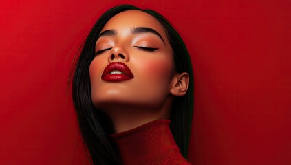 A young woman with dark lipstick and sleek hair, wearing red attire against a vibrant background for a Valentine's Day promotion