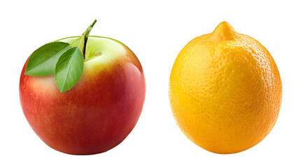 Apple, lemon, orange on a white surface, showcasing freshness and natural beauty. A perfect depiction of contrasting colors and detailed textures within healthy fruits. Isolated on white background