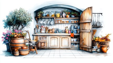 Charming rustic kitchen interior with vibrant decor, wooden shelves, colorful pots, and fresh herbs