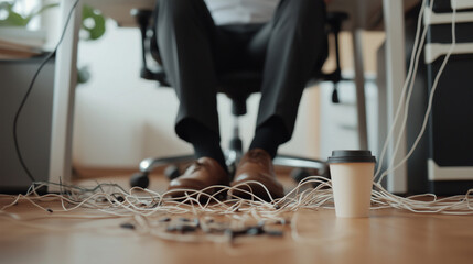Office Worker Trip Hazard with Cables and Spilled Coffee