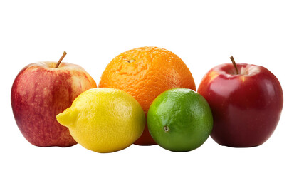 Apple, lemon, orange on a white surface, showcasing freshness and natural beauty. A perfect depiction of contrasting colors and detailed textures within healthy fruits. Isolated on white background