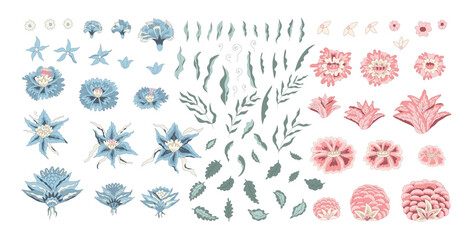Floral elements. Flowers isolated on white background. Vector hand drawn line art illustration.
