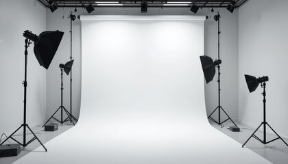 Professional White Photography Studio with Lighting Equipment