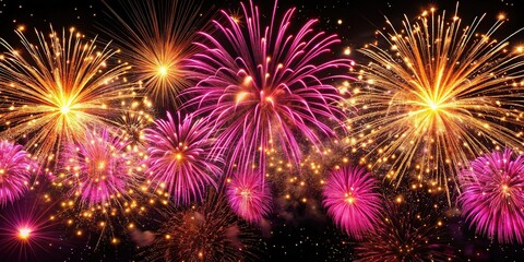 Pink Gold Fireworks Explosion Black Night Sky - Sparkling Celebration