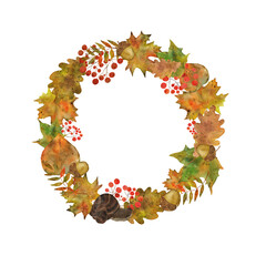 Autumn wreath with snail on white background. Hand drawn  watercolour illustration with place for save date, text, photo. Fall, thanksgiving design for invitation, card on transparent background.