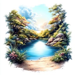 Scenic Tranquil Landscape with Lush Greenery and Calm Waters Under a Bright Sky
