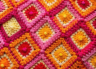 Retro Granny Square Crochet Blanket: Pink, Yellow, Orange 1970s Style