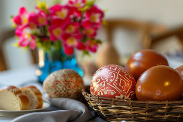 Image of Ukrainian national easter traditional eggs and bread Generative AI