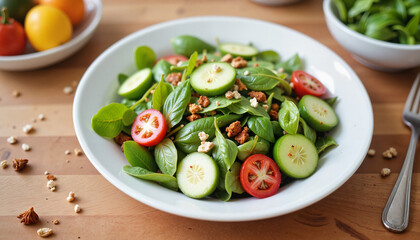 Healthy salad on a wooden table in bright daylight, weight loss concept