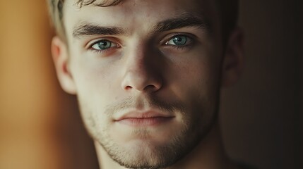 Fototapeta premium Close-up portrait of a young man with intense blue eyes and a serious expression.