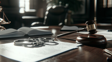 Handcuffs on Judges Desk with Legal Documents and Gavel