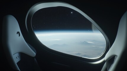 Fototapeta premium Spaceship window view of Earth's curvature, mountains, and starry night sky.