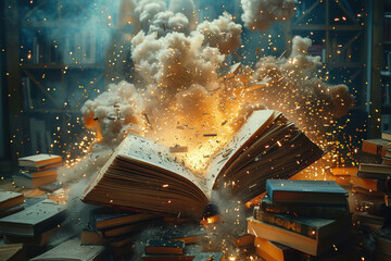 Obraz premium Exploding books create dramatic scene with sparks and smoke in library