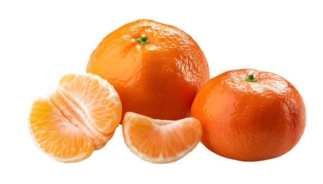 Vivid image showcases freshly harvested tangerin or mandarin, showcasing their bright orange color alongside juicy segments, creating a naturally appetizing visual. Isolated on white background